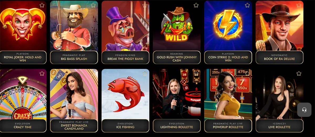 Grid of casino game cards featuring Royal Joker: Hold and Win, Big Bass Splash, Break the Piggy Bank, Gold Rush with Johnny Cash, Coin Strike 2: Hold and Win, Book of Ra Deluxe, Crazy Time, Sweet Bonanza Candyland (live), Ice Fishing, Lightning Roulette, PowerUp Roulette (live), and Live Roulette.