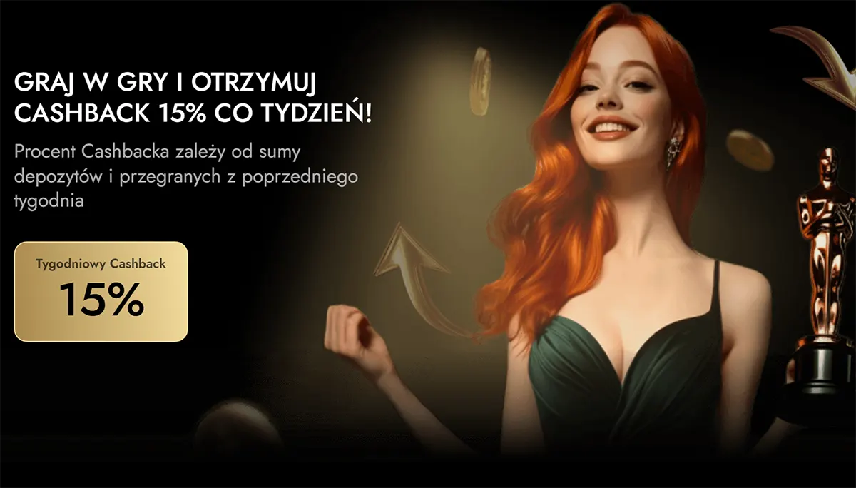 Polish cashback promo banner showing a smiling red-haired woman in a green dress, floating coins and an arrow, with text “Graj w gry i otrzymuj cashback 15% co tydzień” and a badge “Tygodniowy Cashback 15%”, plus a gold trophy statue on the right.